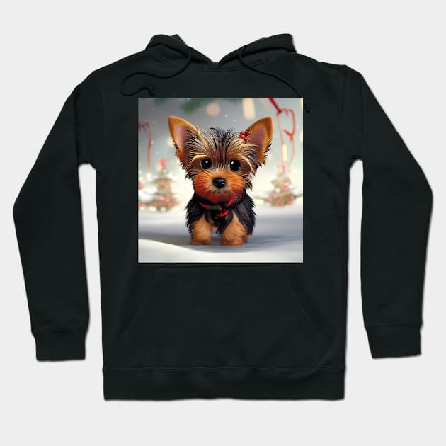 Tiny Cute Yorkshire Terrier Christmas Puppy in the snow Hoodie by Geminiartstudio